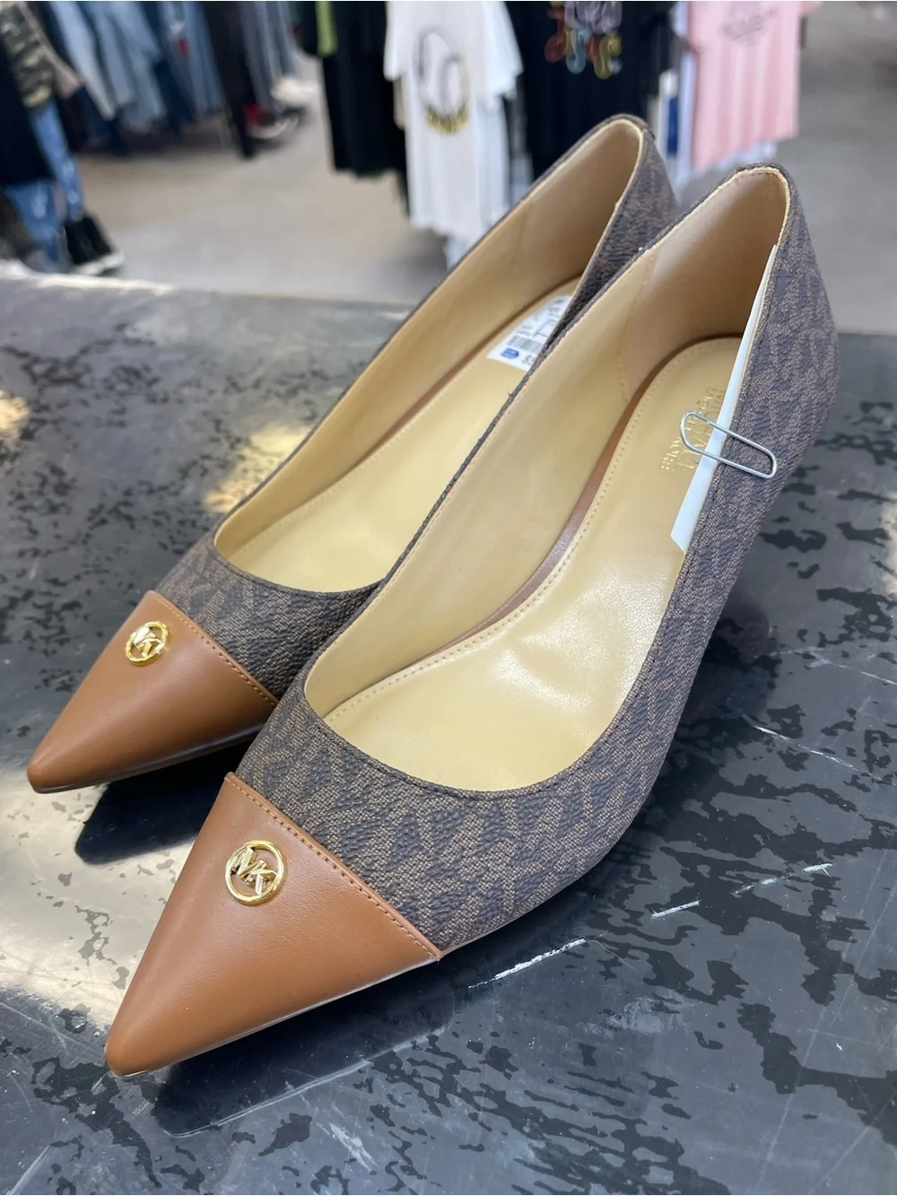 Michael Kors Brown Logo-Print Pointed Toe Flats with Tan Cap